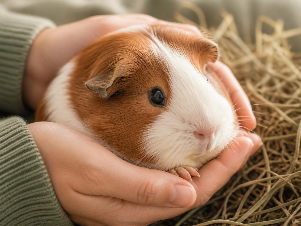Hands gently cradling a guinea pig