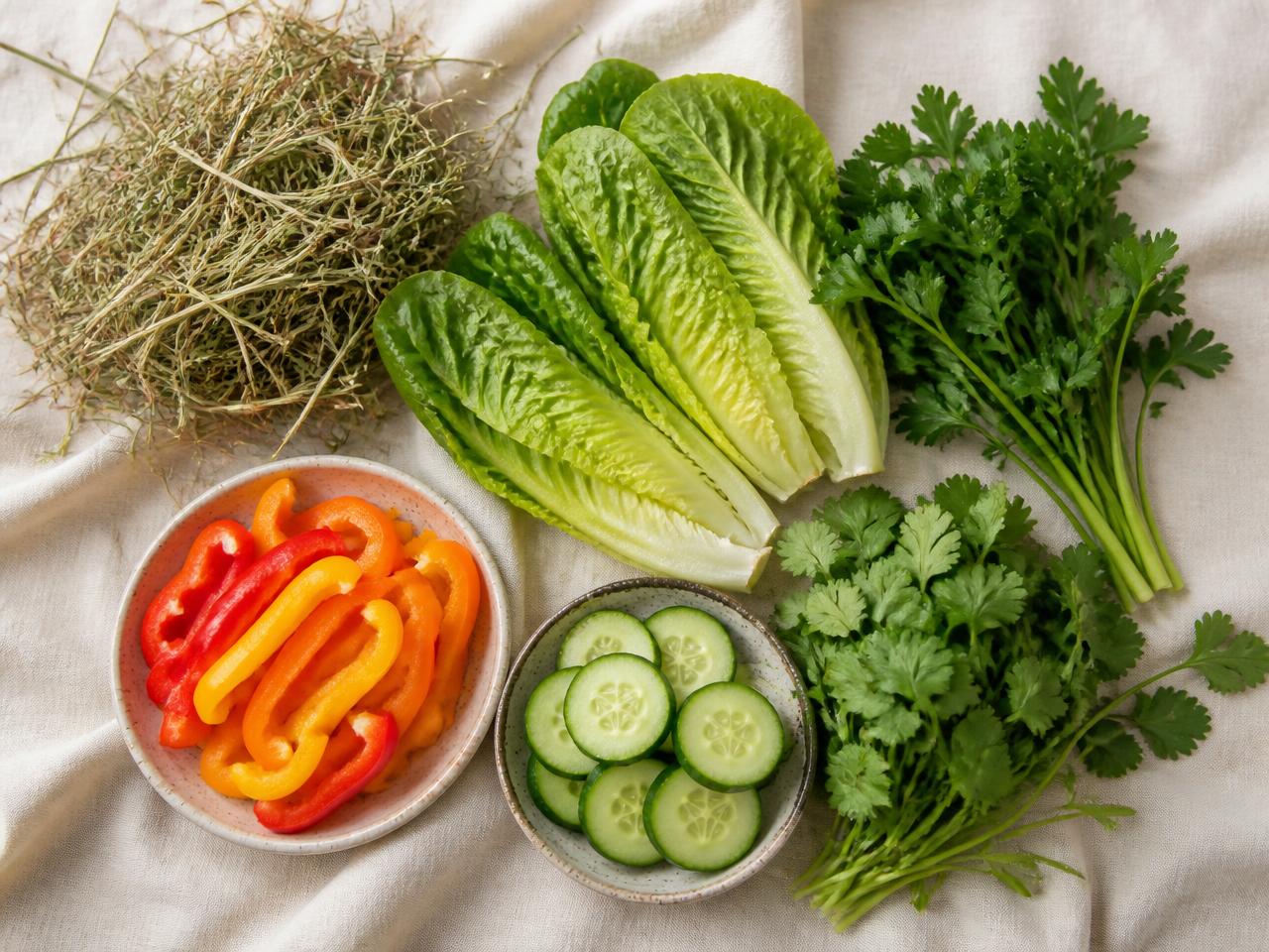 Fresh guinea pig-safe vegetables and hay prepared on a cream linen surface
