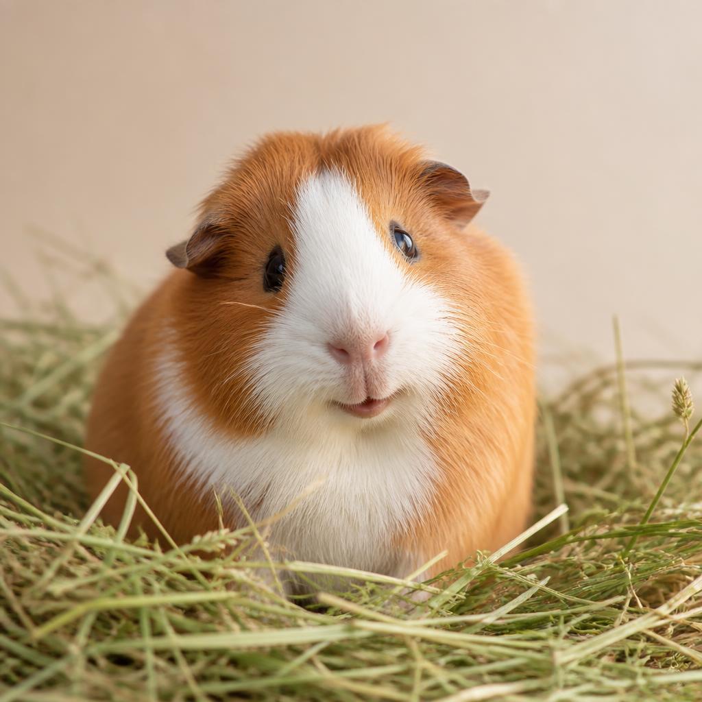 Ginger and white guinea pig in fresh meadow hay