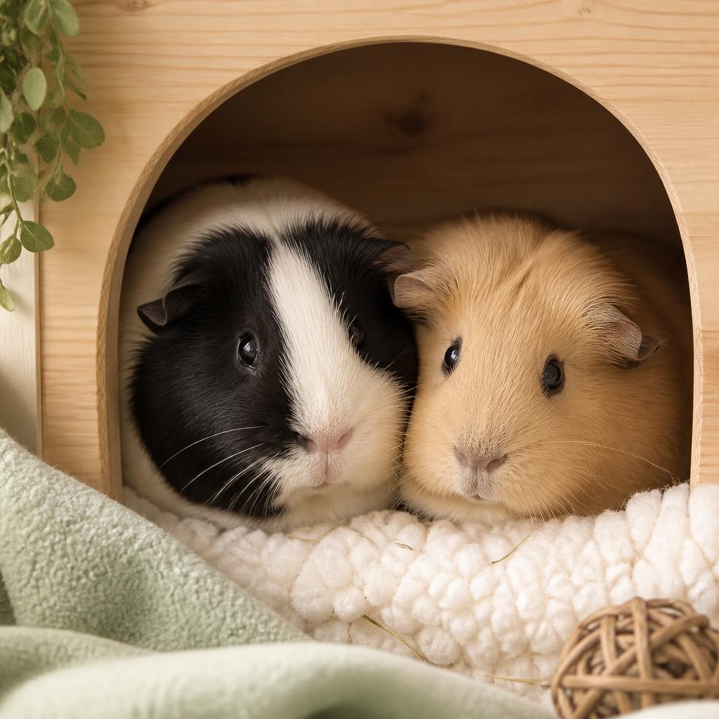 Two bonded guinea pigs sharing a wooden hideaway
